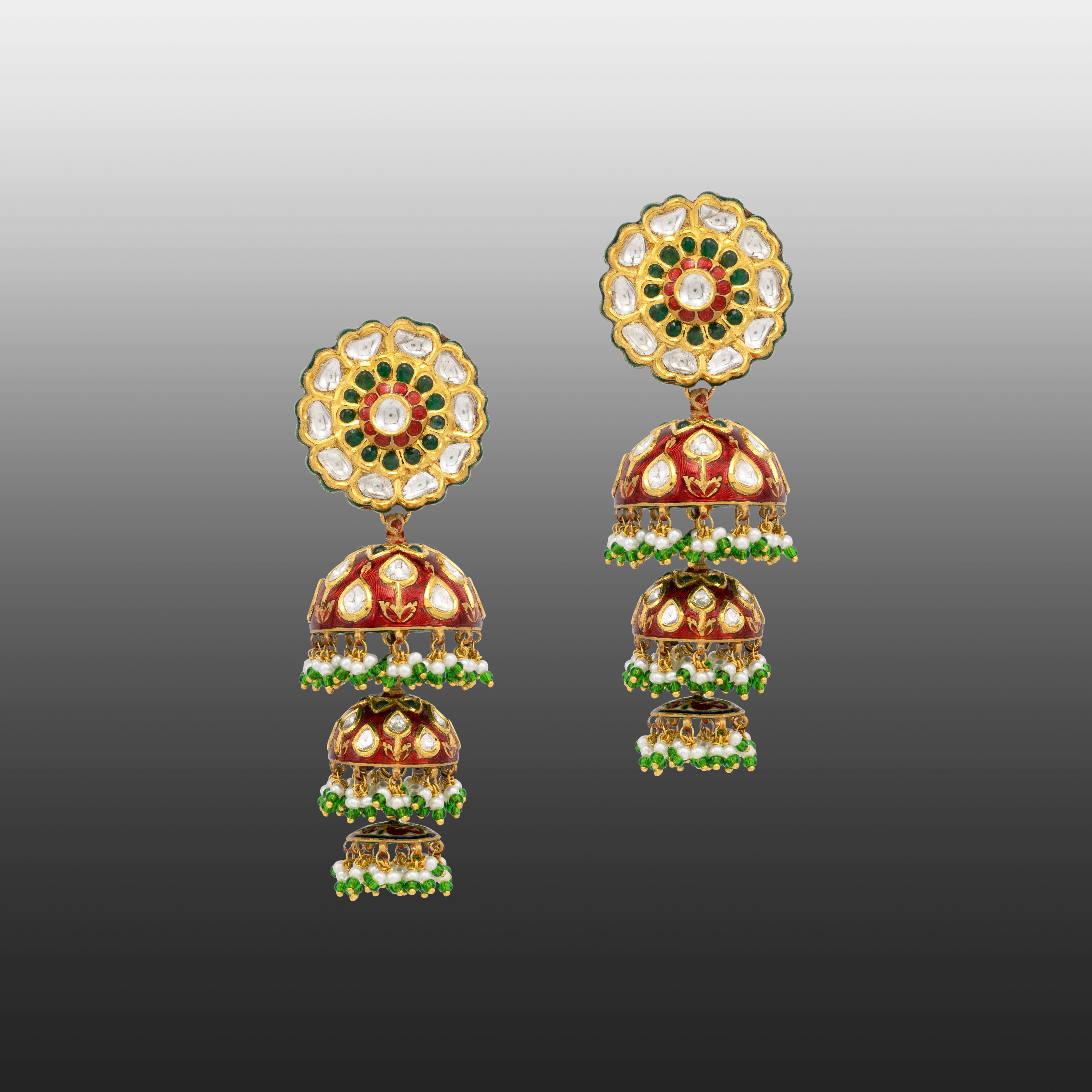 Triple-Tier Red Meenakari Jhumkis with Polki and Green Beads